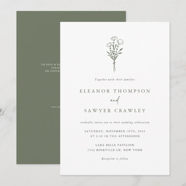 Taupe Green Minimalistisch Bouquet QR Code Wedding Einladung (Vorne/Hinten)