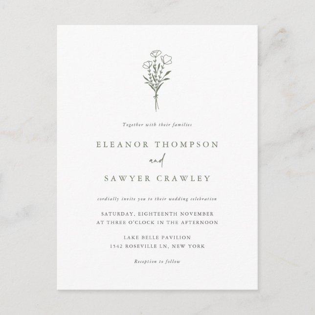 Taupe Green Minimalistisch Bouquet QR Code Wedding Einladungspostkarte (Vorderseite)