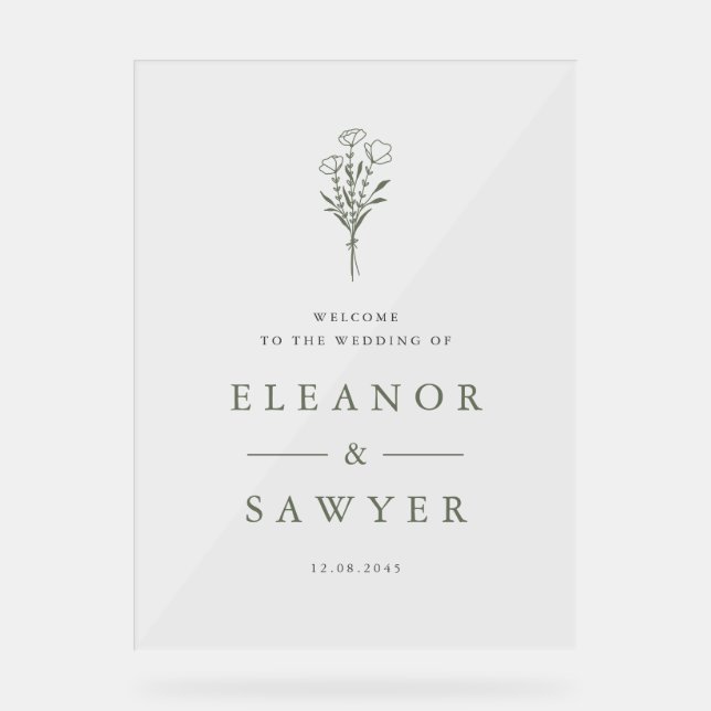 Taupe Green Minimalistisch Floral Bouquet Wedding Acrylschild (Vorderseite)