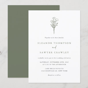 Taupe Green Minimalistisch Floral Bouquet Wedding Einladung