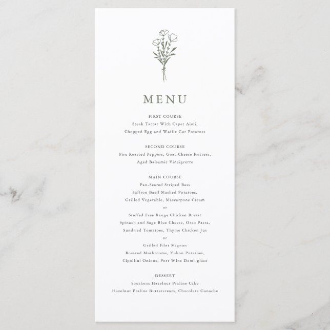 Taupe Green Minimalistisch Floral Bouquet Wedding Menükarte (Vorderseite)