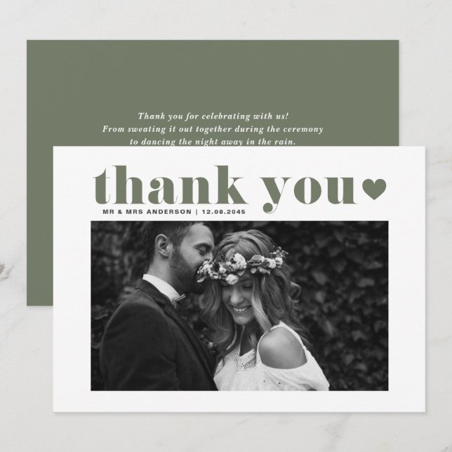Taupe Green Retro Bold Typografy Foto Wedding Dankeskarte (Vorne/Hinten)