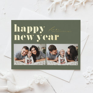 Taupe Green Retro Typografie Foto Happy New Year Folien Feiertagspostkarte
