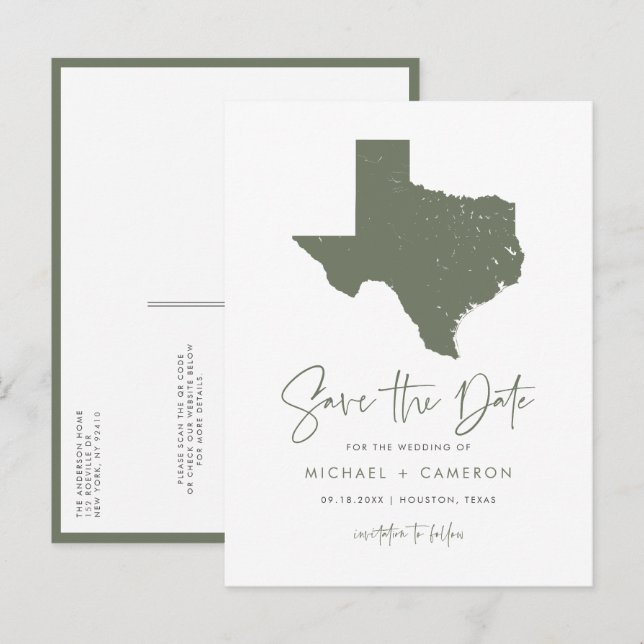 Taupe Green Texas Staat Karte QR-Code Save the Dat (Vorne/Hinten)