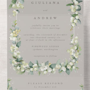 Taupe/Greige Snowberry+Eukalyptus Winter Wedding All In One Einladung
