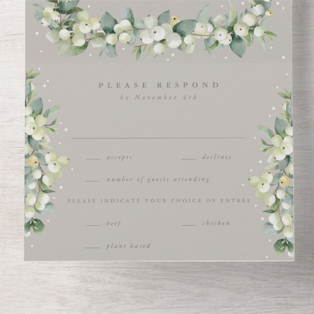 Taupe/Greige Snowberry+Eukalyptus Winter Wedding All In One Einladung (Innen Abgelegt)