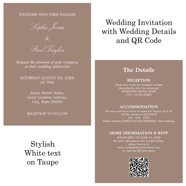 Taupe Mariage QR Code RSVP Invitation (Créateur téléchargé)