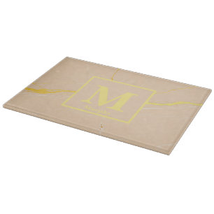 Taupe Marmor mit gelben Streifen Monogramm Schneidebrett
