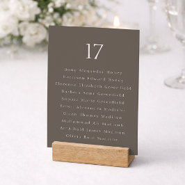 Taupe Minimal Wedding Table Number with Guest List Dankeskarte