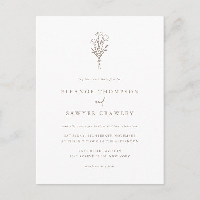 Taupe Minimalistisch Floral Bouquet QR Code Weddin Einladungspostkarte (Vorderseite)