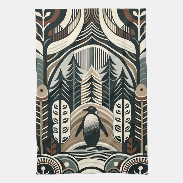 Taupe Mocha Elfenbeinpinguinwald mit Arkaden Geschirrtuch (Vertikal)
