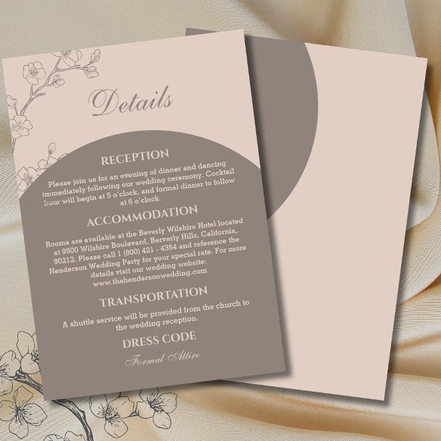 Taupe Modern Floral Japandi Wedding Details Begleitkarte (Von Creator hochgeladen)