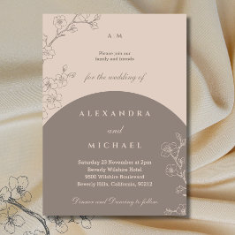 Taupe Monogram Floral Minimalistisch Japandi Weddi Einladung