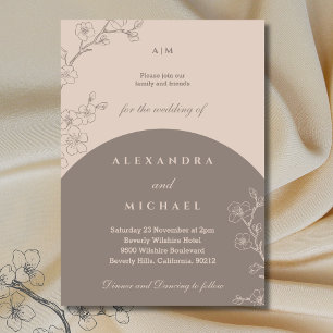 Taupe Monogram Floral Minimalistisch Japandi Weddi Einladung
