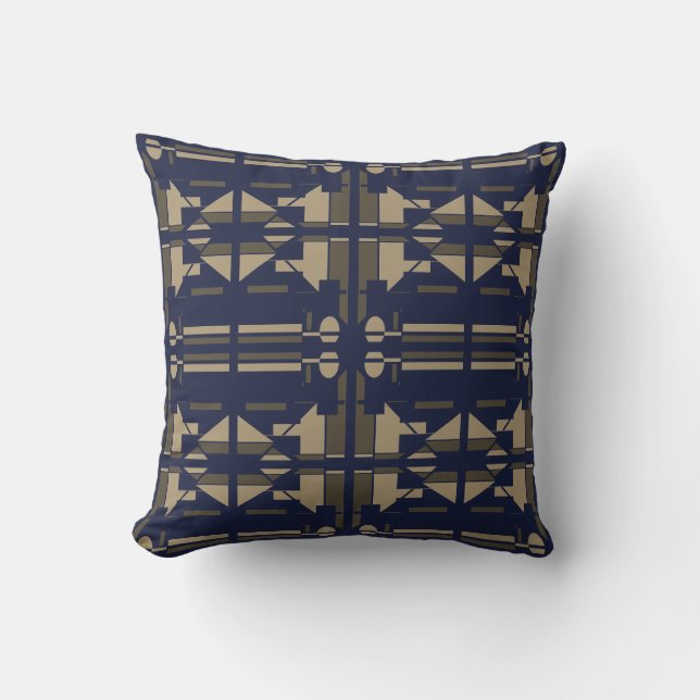 Taupe Navy Mittelmeer Grosse Tile Mosaik Motif Kissen (Vorderseite)