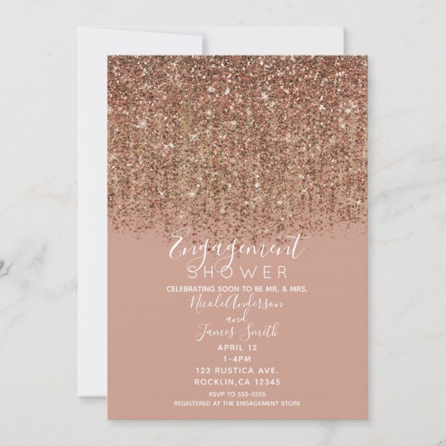 Taupe Pink & Bronze Gold Glitzer Verlobung Dusche Einladung (Vorderseite)