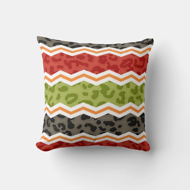 Taupe, Red, Green und Orange Leopard Kissen (Vorderseite)