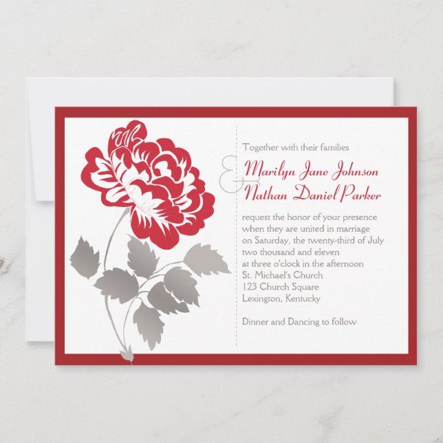 Taupe, Red Peony on White Wedding Einladung (Vorderseite)