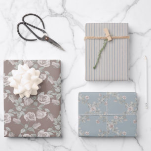 Taupe Rose, Blaues Streifenmuster & Staubblaues Gi Geschenkpapier Set