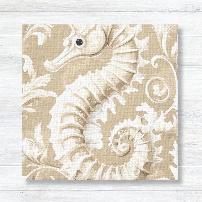 Taupe Seepferd und Schnörkel Küste Leinwanddruck (Taupe and White Seahorse and Flourishes Coastal Beach House Art - Bathroom Decor)