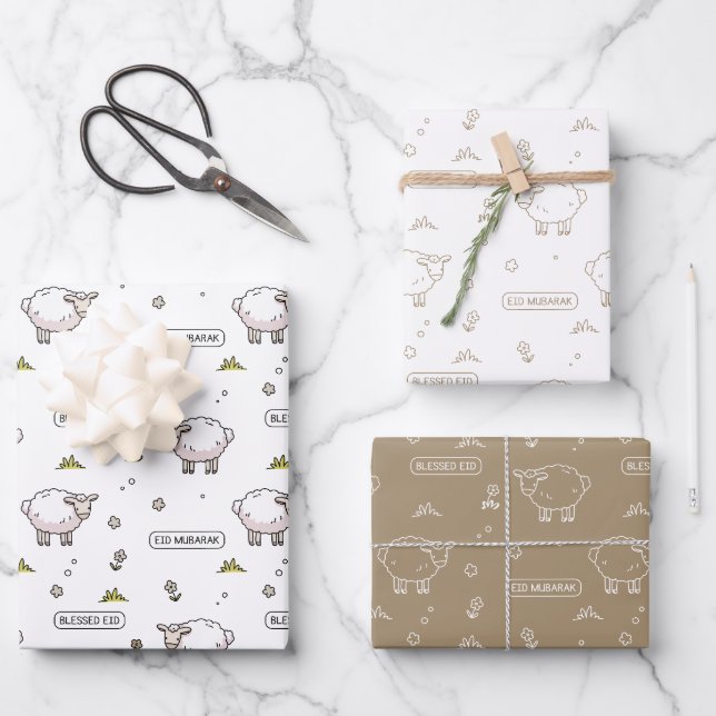 Taupe Sheep Eid Mubarak Kids Geschenkpapier Set (Vorderseite)