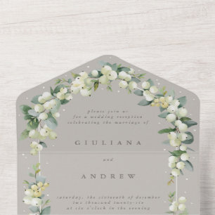 Taupe Snowberry+Eukalyptus Hochzeitempfang nur All In One Einladung