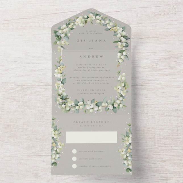 Taupe Snowberry+Eukalyptus Hochzeitempfang nur All In One Einladung (Innen Boden)