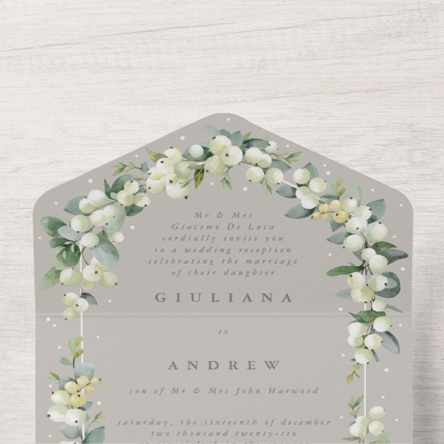 Taupe Snowberry+Eukalyptus Hochzeitempfang nur All In One Einladung (Innen Oben)
