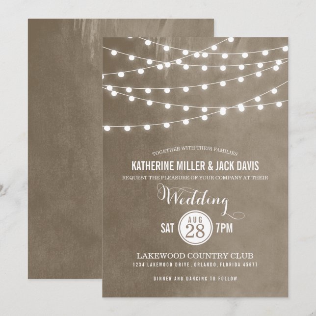 Taupe String Lights Hochzeitseinladung Einladung (Vorne/Hinten)