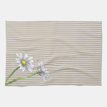 Taupe Striped Floral Watercolor Daisy