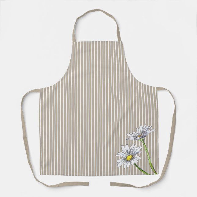 Taupe Striped Floral Watercolor Daisy Schürze (Vorderseite)
