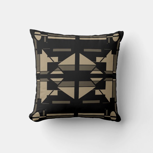 Taupe Tan Black Südwest Look Symmetrisches Motiv Kissen (Vorderseite)