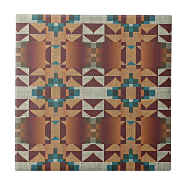 Taupe Terracotta Aquamarin Blue Green Ethnic Stamm Fliese (Vorderseite)