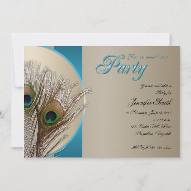 Taupe und Aqua-Pfau-Feder-Party Einladung (Vorderseite)
