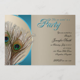 Taupe und Aqua-Pfau-Feder-Party Einladung