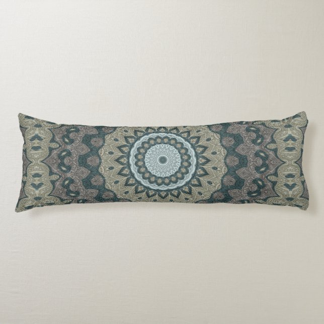 Taupe und Aquamarin Mandala mit Tribal Symmetrie Seitenschläferkissen (Vorderseite)