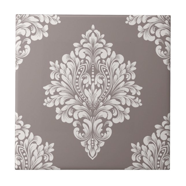 Taupe und Cream Damask Fliese (Vorderseite)