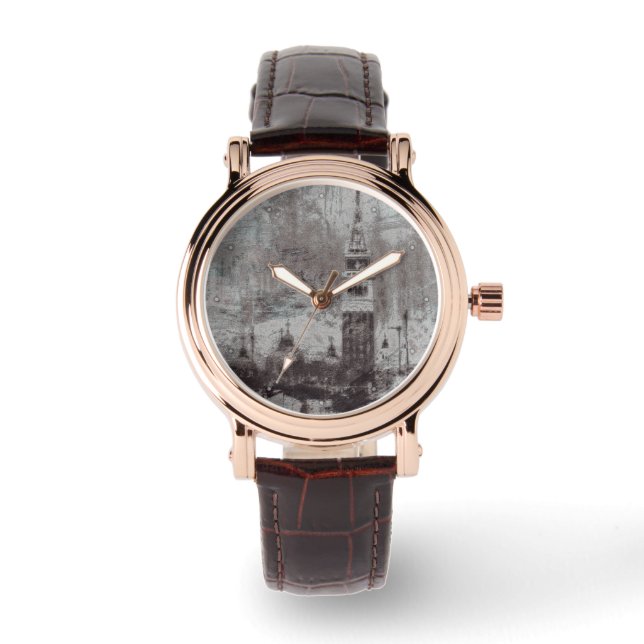 Taupe und Cyan Distressed Skyline Venice Italien Armbanduhr (Vorderseite)