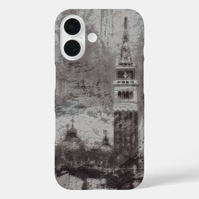 Taupe und Cyan Distressed Skyline Venice Italien iPhone 16 Hülle (Rückseite)