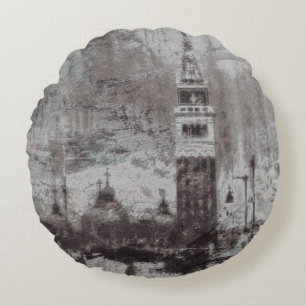 Taupe und Cyan Distressed Skyline Venice Italien Rundes Kissen