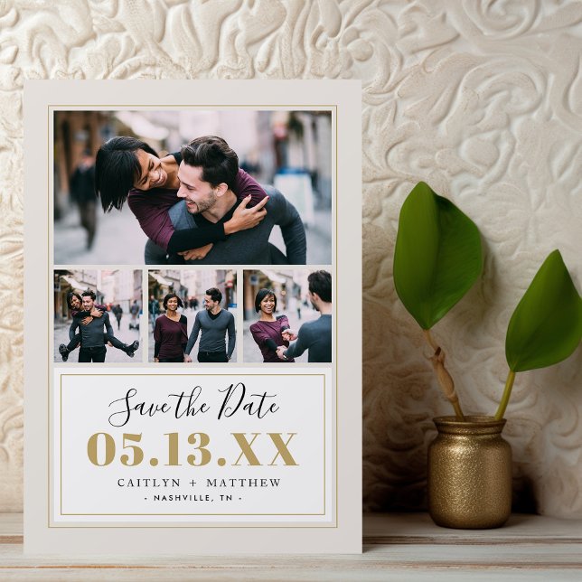 Taupe und Gold 4 Foto Save the Date Magnetkarte (Von Creator hochgeladen)
