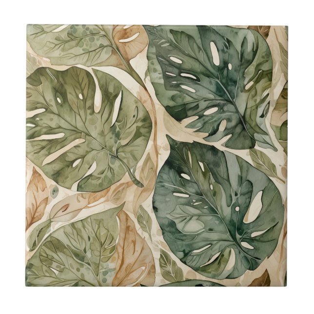 Taupe und grüne Monstera Nahtlose Keramik Tile Fliese (Vorderseite)