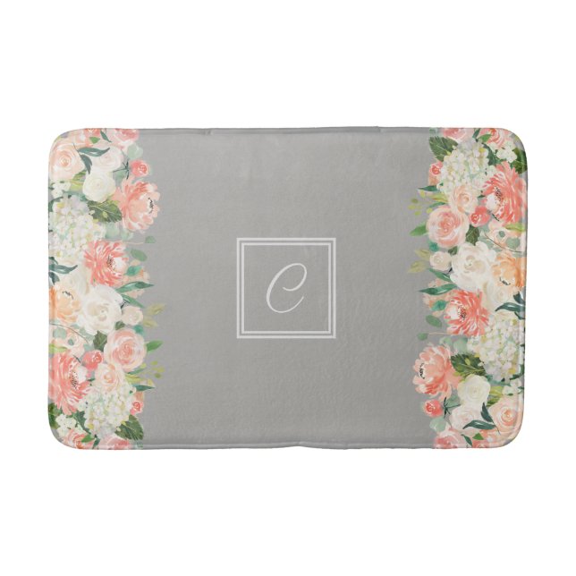 Taupe und Pfirsichfarbenfloral mit Monogramm Badematte (Vorderseite)