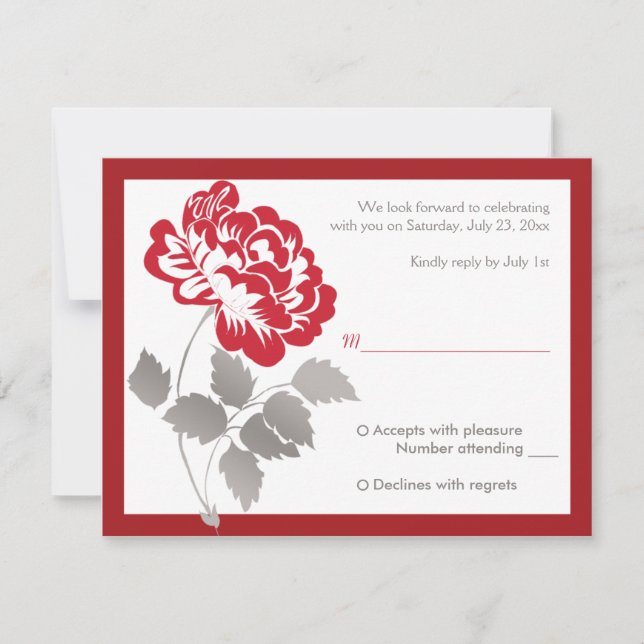 Taupe, White, Red Peony Repcard Einladung (Vorderseite)