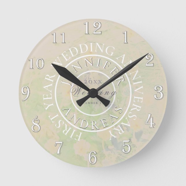 TaupeFloral Medallion 1. Jahr Hochzeit Runde Wanduhr (Vorderseite)