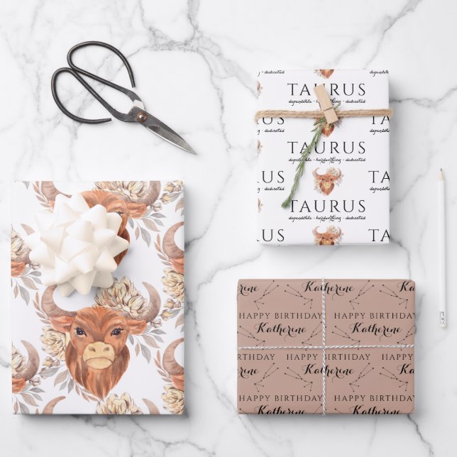 Taurus Birthday Wrapping Paper Sheets Geschenkpapier Set (Vorderseite)