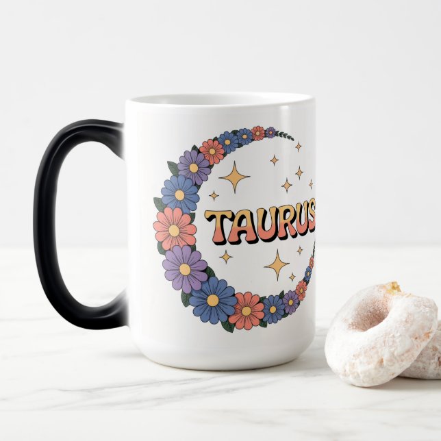 Taurus Crescent Moon Flowers Morphing Mug Verwandlungstasse (Mit Donut)