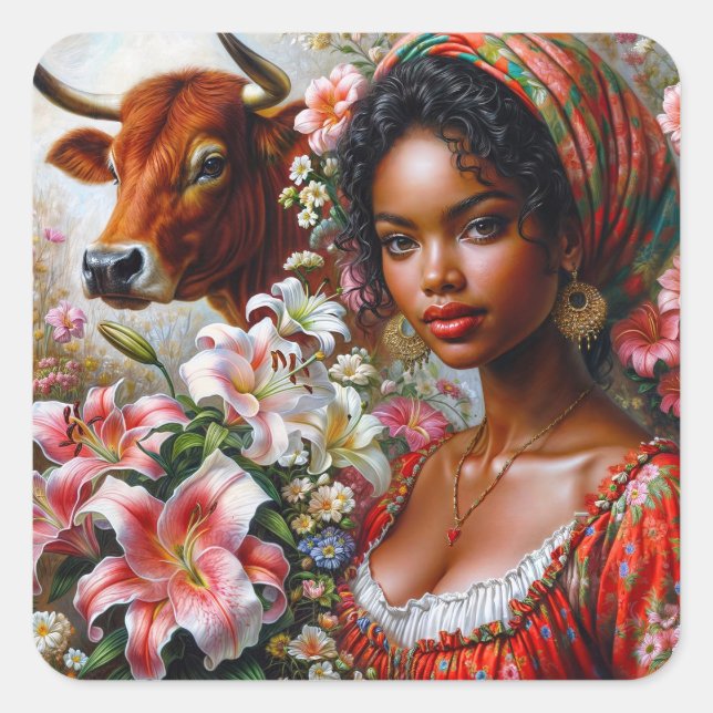 Taurus Frau mit Bull Floral Quadratischer Aufkleber (Vorderseite)