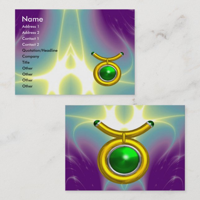 TAURUS / GOLD, GREEN EMERALD ZODIAC SIGN JEWEL VISITENKARTE (Vorne/Hinten)