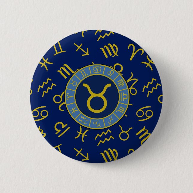 Taurus Zodiac+Astrology Symbole Muster Gold+Blues Button (Vorderseite)